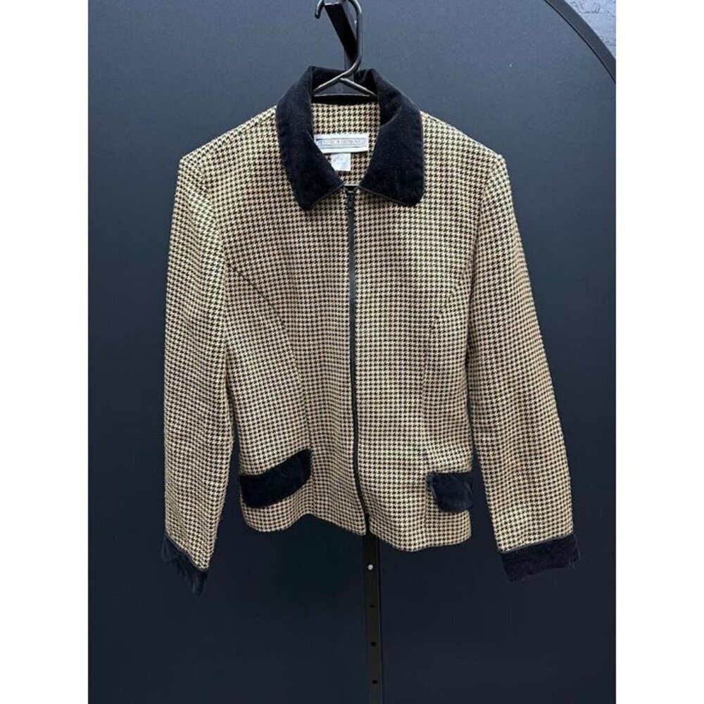 Vintage Jessica Howard Houndstooth Black Velvet Detailed Full Zip Blazer Jacket